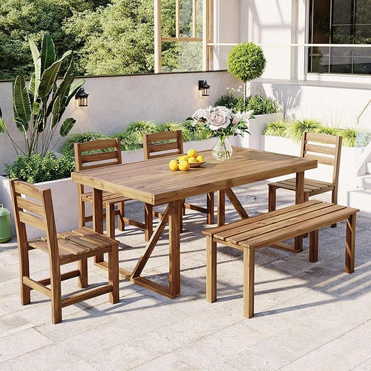 6 Person Outdoor Acacia Wood Dining Table Set, All Weather 6 Pieces Conversation Set, 60'' Rectangle Dining Table with 4 Chairs and Bench for Patio Backyard Garden Poolside Balcony (Natural-26)