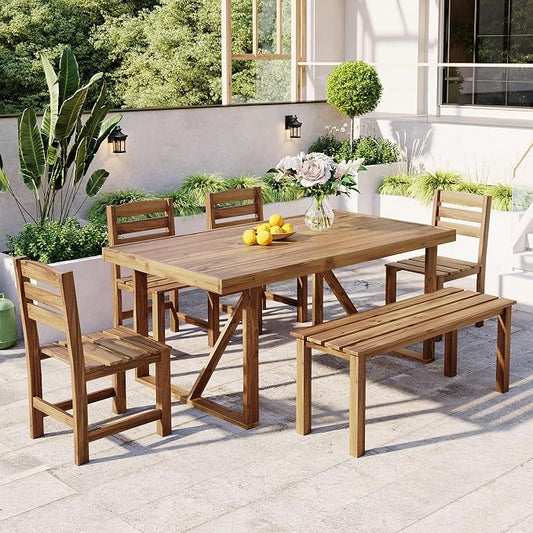RUNNA Acacia Wood 6-Piece Outdoor Dining Set, Minimalist Patio Furniture with Dining Table,Bench and 4 Chairs for Garden, Balcony, Poolside (Natural Wood-A1)