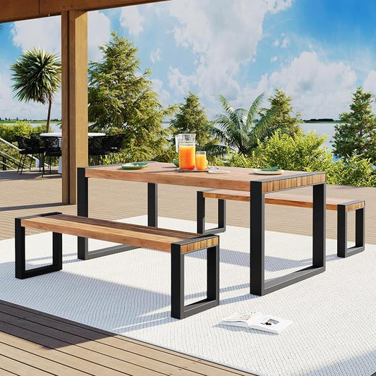 Merax 3 Pieces Acacia Wood Outdoor Dining Set, Patio Dining Table Sets with 2 Benches, Ideal for Backyard, Patio, Garden, Balcony, All Weather Resistant Use Furniture, Solid Steel Frame, Natural