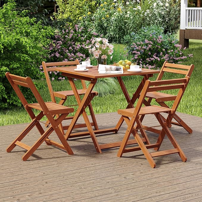 HAPPYGRILL Folding Patio Dining Table with Umbrella Hole, Solid Wood Square Table for 4 with Slatted Tabletop & X-Shaped Support Legs, Space-Saving Design, for Yard or Deck