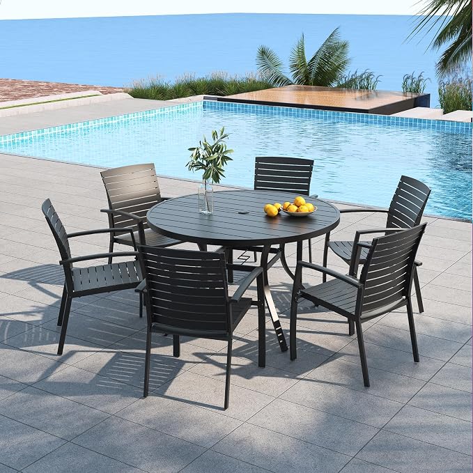 Outdoor Patio 48" Round Table and Aluminum Chairs Dining Set 7 for 6 Person | Aluminum Frame Chairs, Resin Chair Seat, Resin Chair Back, 6 Piece Stackable Chairs, 1 Piece Black Metal Table, 6 Person Set