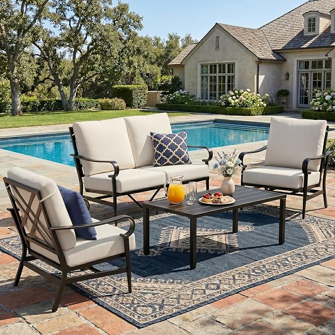 NATURAL EXPRESSIONS 4 Piece Patio Furniture Set, Vintage Metal Outdoor Conversation Set with High Back Rocking Motion Chairs, 5.5" Thick Cushions for Balcony, Porch