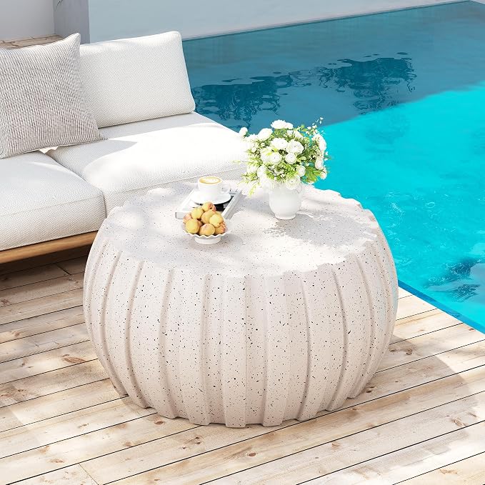 35.43" Faux Stone Coffee Table Round for Indoor or Outdoor Concrete Coffee Tables MgO Cement Center Tables for Living Room, Patio, Garden, Backyard, Balcony, Waterproof, White Drum