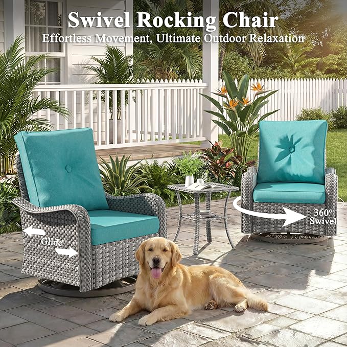 13 Piece Wicker Patio Furniture Set with 55,000 BTU Fire Pit Table, Swivel Rocking Chairs, 4''Cushions, PE Rattan, Wind Guard Glass, for Backyard, Deck or Balcony, Blue