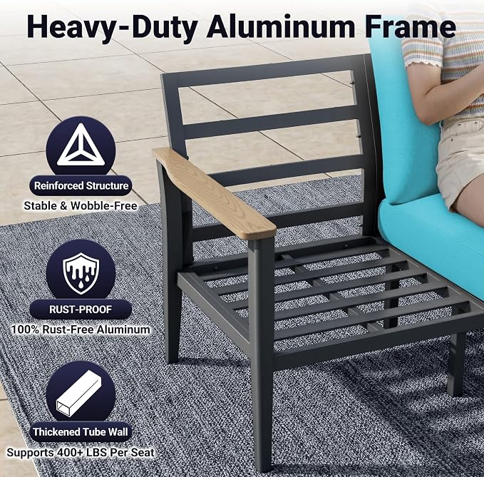Aluminum Outdoor Patio Furniture Set, 6-Piece Sectional Sofa with 5.1" Thick Cushions, Swivel Rocking Chairs, 55,000 BTU Propane Fire Pit Table, Outdoor Couch for Backyard, Deck, Blue