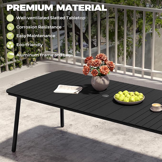 Crestlive Products Outdoor Dining Table for 8-10 People, 95in Patio Rectangle Table, Aluminum Frame with Durable Wood-Like Tabletop and Umbrella Hole Perfect for Patio, Garden, and Lawn
