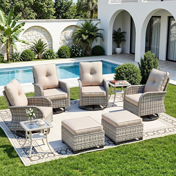 8-Piece Small Patio Furniture Set, Outdoor Swivel Rocking Chairs Set with Ottomans, Patio Bistro Set for Balcony, Deck, Porch, Khaki