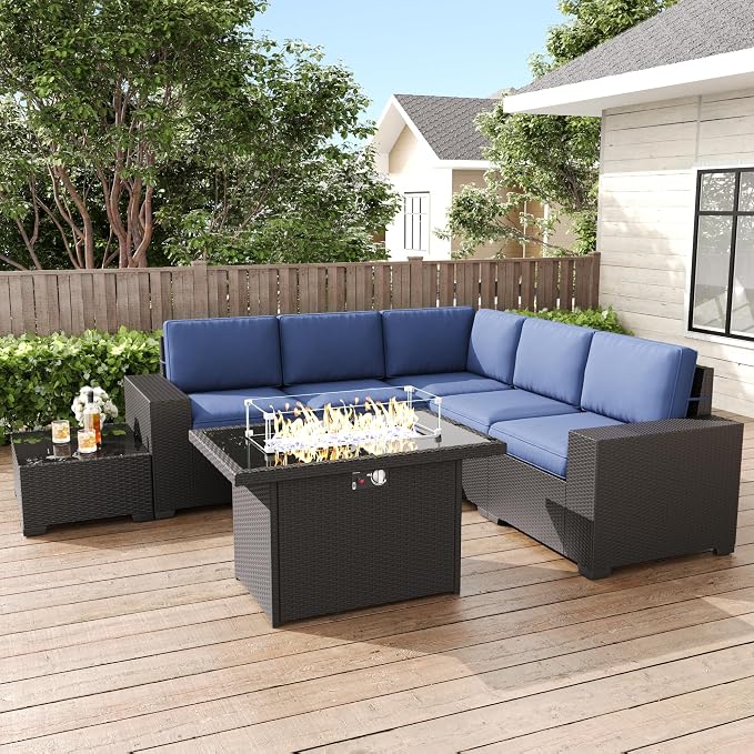 LayinSun 7 Pieces Patio Furniture Set with Fire Pit Table, Black Rattan Modular Sectional Patio Conversation Sofa Set
