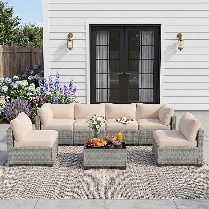 Patio Furniture Set, 7-Piece Outdoor Sectional Couch with Coffee Table & Thick Cushions, Outdoor Wicker Conversation Set for Backyard, Poolside, Garden (Grey White-White, 7 Piece-Single)