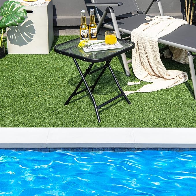 HAPPYGRILL 18” Folding Square Glass Side Table, Portable Patio Bistro Coffee Table with Tempered Glass Tabletop, Solid Steel Structure, Ideal for Poolside Backyard Living Room