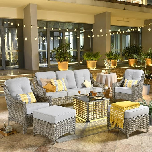 ovios 6 Piece Outdoor Patio Furniture with 3 Seat Sofa,Rattan Wicker Coversation Set with High Back,Sectional Single Sofa with Ottoman for Outside Porch Balcony Backyard Pool, Light Grey