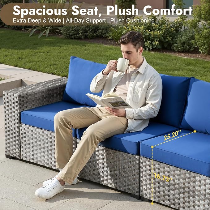 9 Pieces Patio Furniture Set, Wicker Outdoor Sectional Sofa with Swivel Chair Comfy Cushions, Modern Modular Deep Seat Rattan Couch Conversation Set for Backyard Porch Yard,Navy Blue
