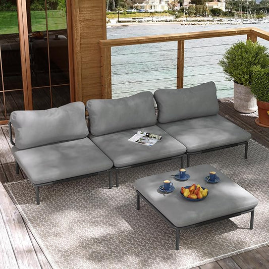 Patio Furniture Set, Outdoor Patio Furniture Oversized Metal Single Sofa, 4-seat Conversation Set with Cushion for Indoor and Outdoor, Black Frame and Dark Grey Mat (4 Seats 4 Armrests)