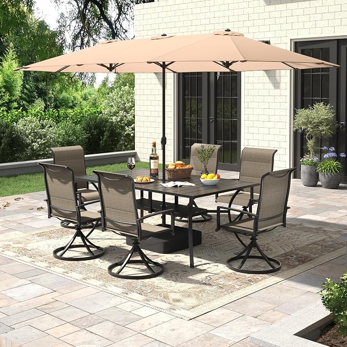 Outdoor Dining Set for 6, 8 Pieces Patio Table and Chairs Set with Umbrella, 59.2" Outdoor Dining Table and Padded Textilene Patio Swivel Chairs for Garden Backyard, Mixed Brown and Black