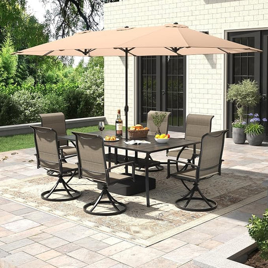 Outdoor Dining Set for 6, 8 Pieces Patio Table and Chairs Set with Umbrella, 59.2" Outdoor Dining Table and Padded Textilene Patio Swivel Chairs for Garden Backyard, Mixed Brown and Black