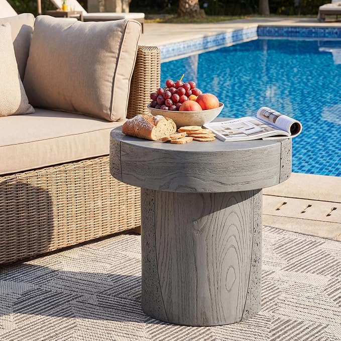 HOMPUS Outdoor Side Table, Concrete Coffee Table Round, 20 inches Dining Table with MgO Tabletop, Faux Wooden End Table for Patio, Garden, Backyard, Grey