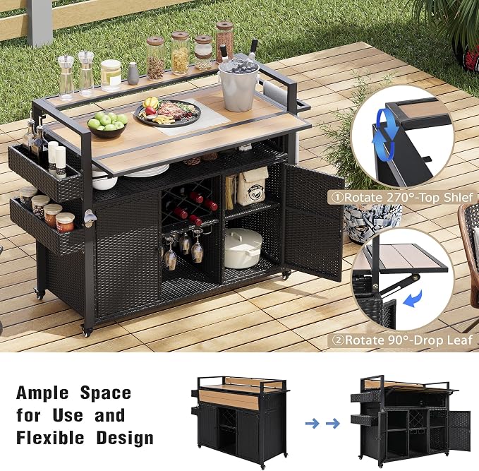 Outdoor Bar Table on Wheels with Extended Table Top and Storage Cabinet