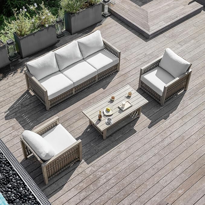 4 Pieces Patio Furniture Set, Outdoor Patio Couch Sofa with Coffee Table, Rope Weave & Aluminum Frame, All-Weather Garden Outdoor Contemporary Sofa with Cushion for Porch Yard Deck, Gray Oak