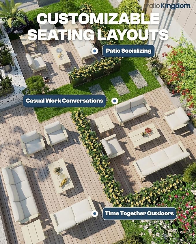 7 Piece Patio Furniture Set, HDPE Outdoor Sectional with Beige Washable Thick Cushions, Coffee Table & Side Table, Patio Conversation Sets for Lawn, Garden, Porch, Balcony (White Frame)