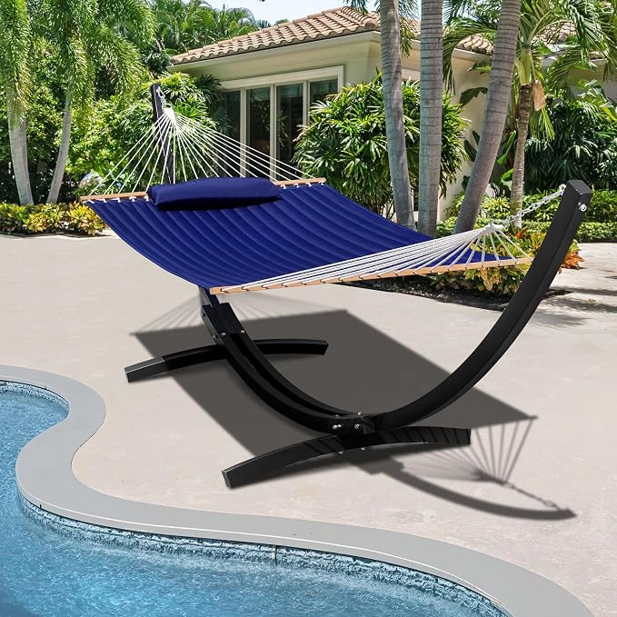 Lazy Daze Hammocks 12 FT 2 Person Quilted Hammock with Black Curved Metal Heavy Duty Stand and Pillow for Outside, Backyard, Patio, 450 Lbs Capacity, Blue