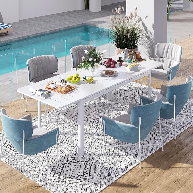 All Aluminum Expandable Patio Dining Table for 6-8 People, Extendable Outdoor Dining Room Table, All Weather Patio Furniture, Rectangular Metal Table with Adjustable Width 65"- 95", Ivory White