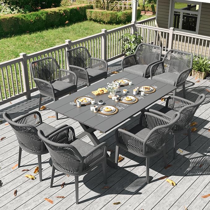 LayinSun Outdoor Dining Set for 8, 9 Pieces Patio Furniture Sets with Aluminum Dining Table and Rope Weave Chairs