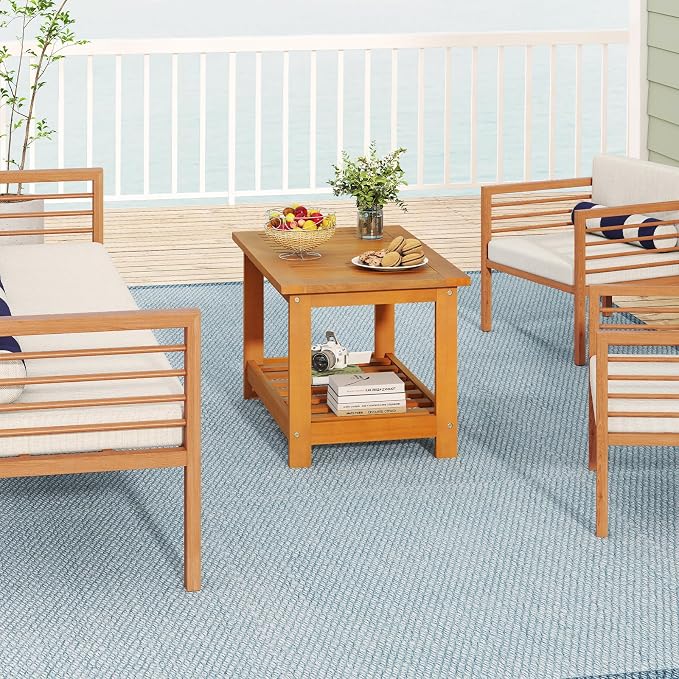 HAPPYGRILL Patio Acacia Wood Side Table with Storage Shelf, Outdoor Coffee Table for Garden, Balcony, Deck, Poolside