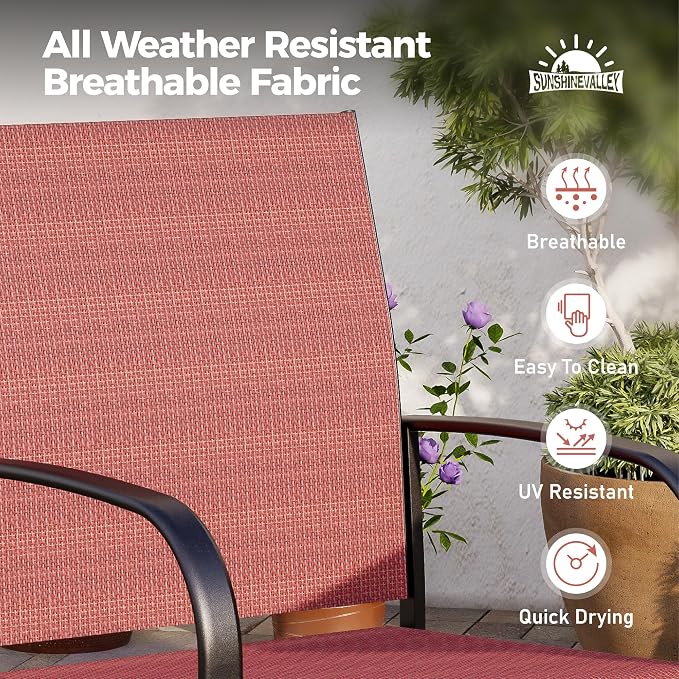 SUNSHINE VALLEY 5 Piece Patio Dining Set for 4, 42" x 42" Round Metal Table with Umbrella Hole and 4 Red Chairs, Outdoor Table and Chairs Set for Lawn Backyard and Deck