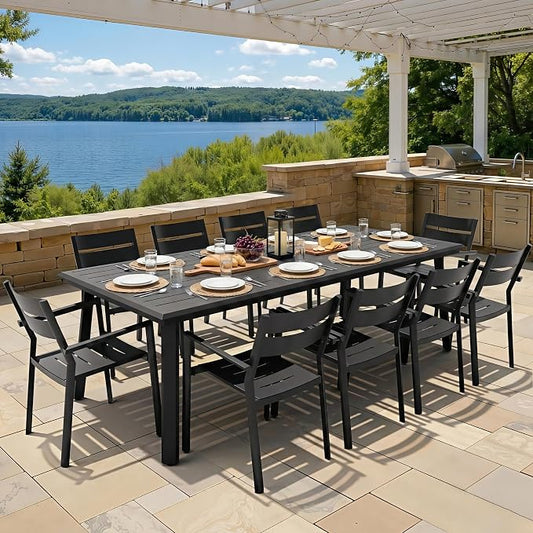 11-Piece Outdoor Dining Set with 10 Stackable Armchairs | 94" Aluminum Rectangular Patio Table Rust-Proof Umbrella Hole for Large Family Gatherings, BBQs, Parties, Black