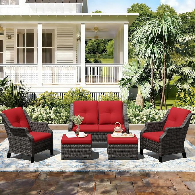 Outdoor Patio Furniture Set, 5 Piece Wicker Patio Furniture with Thick Cushions, Curved Armrest, Deep Seating, Rattan Outdoor Chairs for Porch, Deck, Balcony