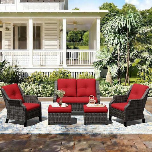 Outdoor Patio Furniture Set, 5 Piece Wicker Patio Furniture with Thick Cushions, Curved Armrest, Deep Seating, Rattan Outdoor Chairs for Porch, Deck, Balcony