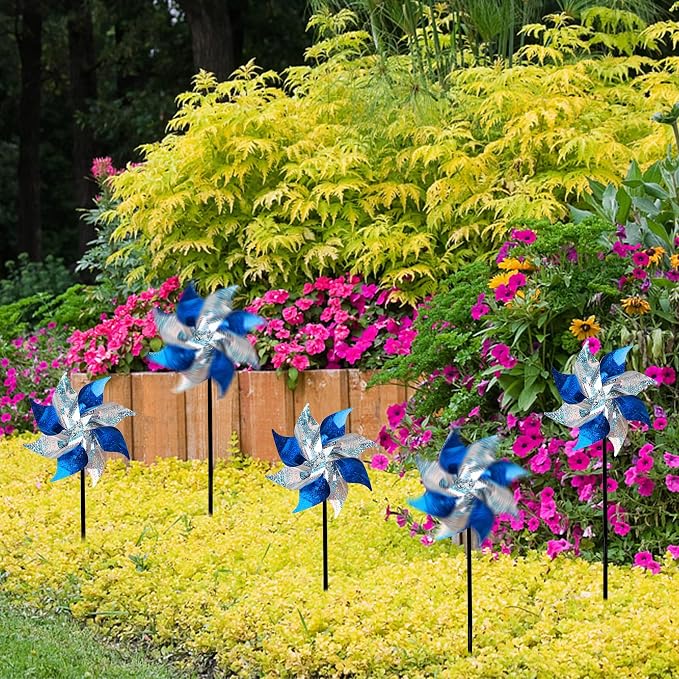Hausse 10 Pack Reflective Pinwheels with Stakes (Assembly Required), Extra Sparkly Pin Wheel for Garden Decor, Bird Repellent Devices Deterrent to Scare Birds Away from Yard Patio Farm, Blue & Sliver