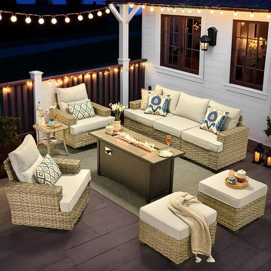9 Pcs Outdoor Sectional Patio Furniture Set with Fire Pit Table and Swivel Rocking Chairs - All Weather Wicker Modular Outside Sectional Couch,Patio Seating Outdoor Conversation Sets,Grey