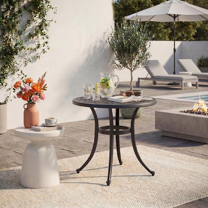 24" Cast Aluminum Side Table Outdoor End Table All Weather Patio Round Table Small Bistro Table for Garden,Balcony,Pool,Black