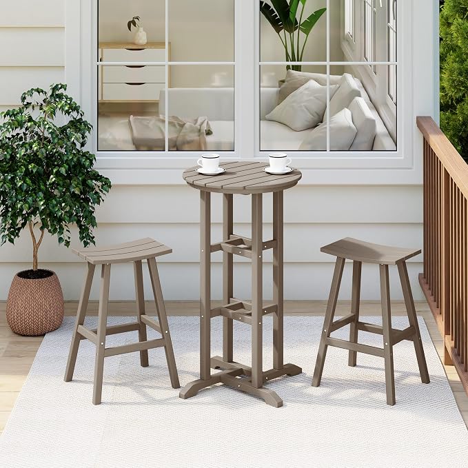 Costaelm Outdoor Bar Table, 42" Counter Height Round Patio Cocktail Bar Table, Patio Bar Table 3-Pieces Set Bistro Dining Table Pub Table forDeck, Backyard, Garden, Weathered Wood
