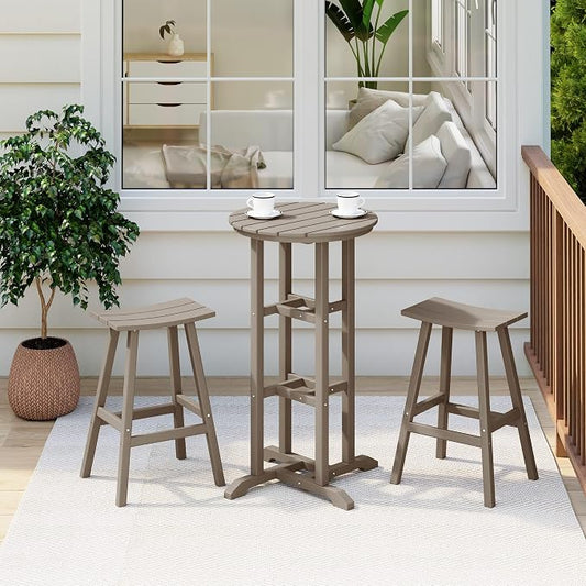 Costaelm Outdoor Bar Table, 42" Counter Height Round Patio Cocktail Bar Table, Patio Bar Table 3-Pieces Set Bistro Dining Table Pub Table forDeck, Backyard, Garden, Weathered Wood