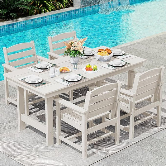 SERWALL 5 Pcs HDPE Patio Dining Set w/Umbrella Hole Table & 4 Chairs, White | HDPE Outdoor Dining Set with Rectangular Table & 4 Chairs, All-Weather Patio Dining Furniture