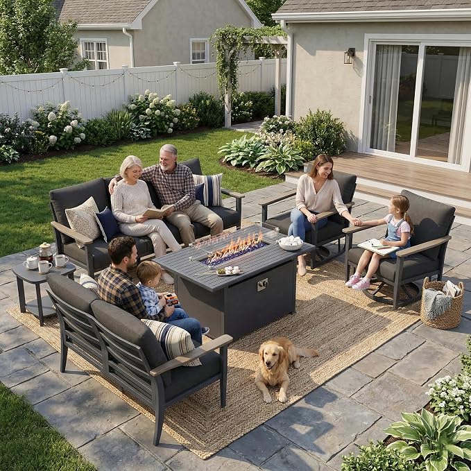 Aluminum Outdoor Patio Furniture Set with Swivel Rocking Chairs 7-Seat, Patio Sectional Sofa Patio Conversation Set with 55,000 BTU Fire Pit Table High Backrest & Thickened Cushions, Dark Grey