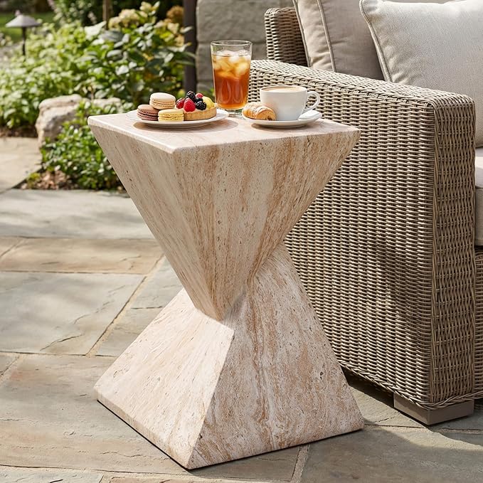 Merax 18.5" H Modern Outdoor Concrete Side Table, Patio End Table with Sculptural Fluted Design, Weather-Resistant Geometric Minimalism Accent Table for Garden, Balcony & Poolside, Beige Marble