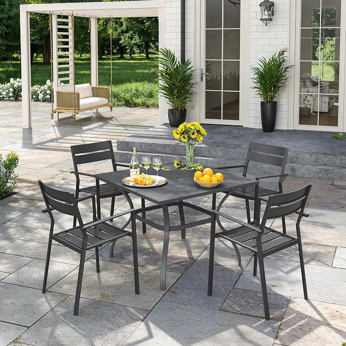 VICLLAX Patio 5 Pieces Outdoor Dining Set for 4, Wrought Iron Metal Outdoor Table and Chairs Set, 38" Square Table with Umbrella Hole and 4 Stackable Chairs for Lawn, Garden, Porch, Dark Grey/Black