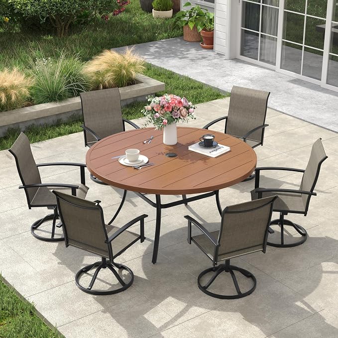 VICLLAX Outdoor Table and Chairs Set for 6, Patio Dining Set of 50" Metal Round Patio Table with Umbrella Hole & 6 Swivel Outdoor Dining Chairs for Backyard Lawn, Mixed Brown & Walnut