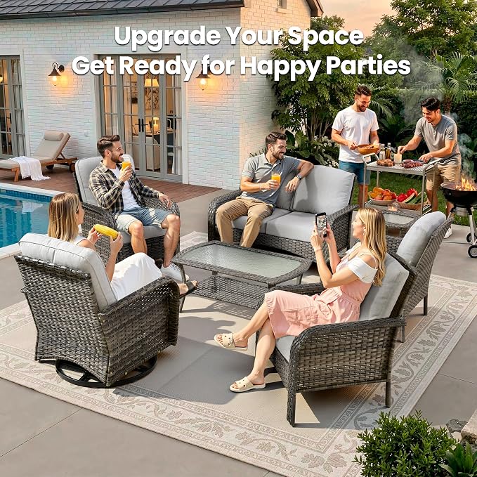 Weaxty 7 Pieces Patio Furniture Set,Wicker Outdoor Swivel Rocking Chairs,Rattan Loveseat Couch,Coffee Table,Patio Sofa Conversation Sets for Deck Backyard Porch Poolside, Dark Gray
