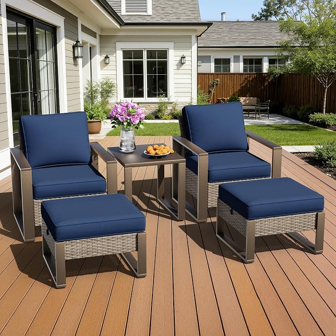 5 Pieces Metal Wicker Patio Furniture Set - Two Armchairs and Two Ottomans, One Side Table, All Weather Rattan Outdoor Conversation Furniture with Washable Cushion for Deck Porch, Dark Blue