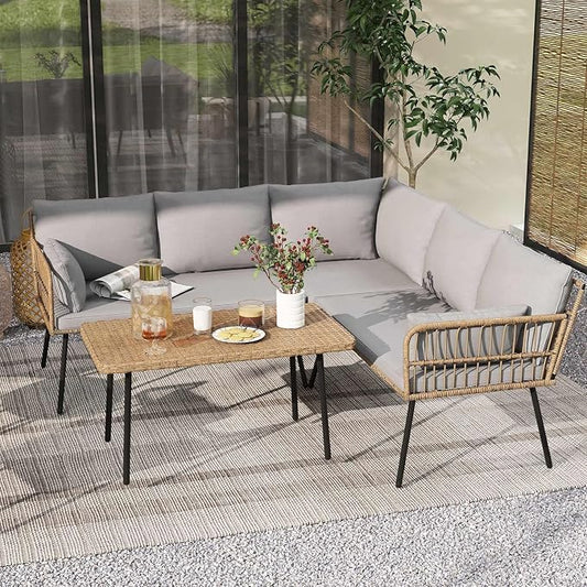 DWVO Patio Furniture Set, 4 Pieces Outdoor Patio Conversation Set, All-Weather PE Rattan Sectional L-Shaped Sofa with Soft Cushion and Side Table for Backyard, Porch, Boho Detachable Lounger (Gray)