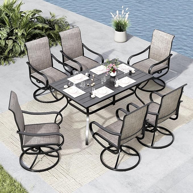 MFSTUDIO Patio Table and Chairs Set of 6, Outdoor Dining Set for 6 with Umbrella Hole, Outdoor Patio Furniture Set for Deck, Backyard, Poolside & Garden