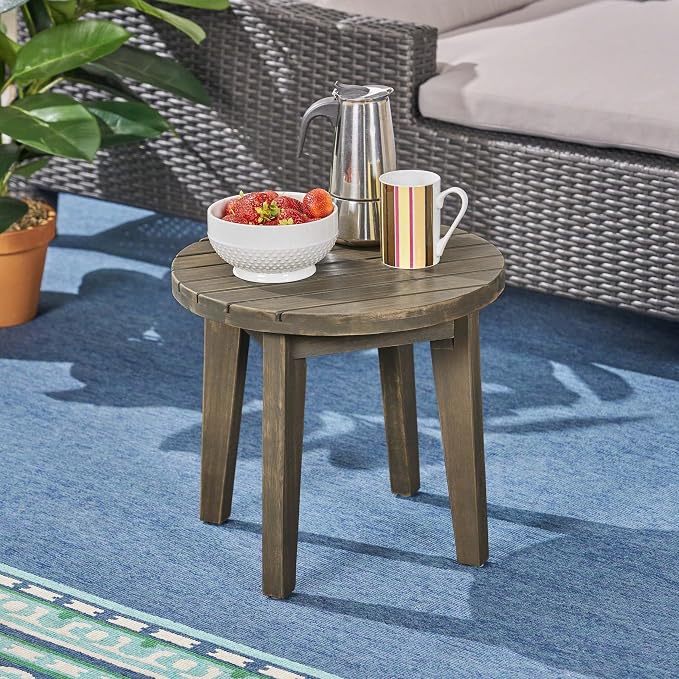 16” Small Outdoor Side Tables with Slatted Top, Round Outdoor Table, Wood Side Table, Small Patio Side Table for Patio, Balcony, Garden & Backyard, Teak Finish (Grey)
