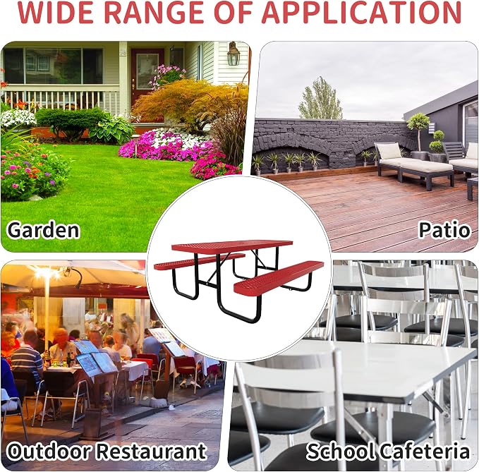 6FT Picnic Tables for Outdoors, Rectangular Commercial Metal Picnic Table Bench Set with Umbrella Hole, Heavy Duty Steel Weather-Resistant Dining Table for Patio Dining Garden Backyard BBQ School