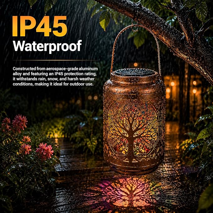 Tree of Life Solar Lantern Outdoor, Decorative Metal Solar Hanging Light with Colorful Light Pattern, Waterproof Garden Lantern for Patio, Yard, Porch, Balcony, Gifts for Women Mom Grandma