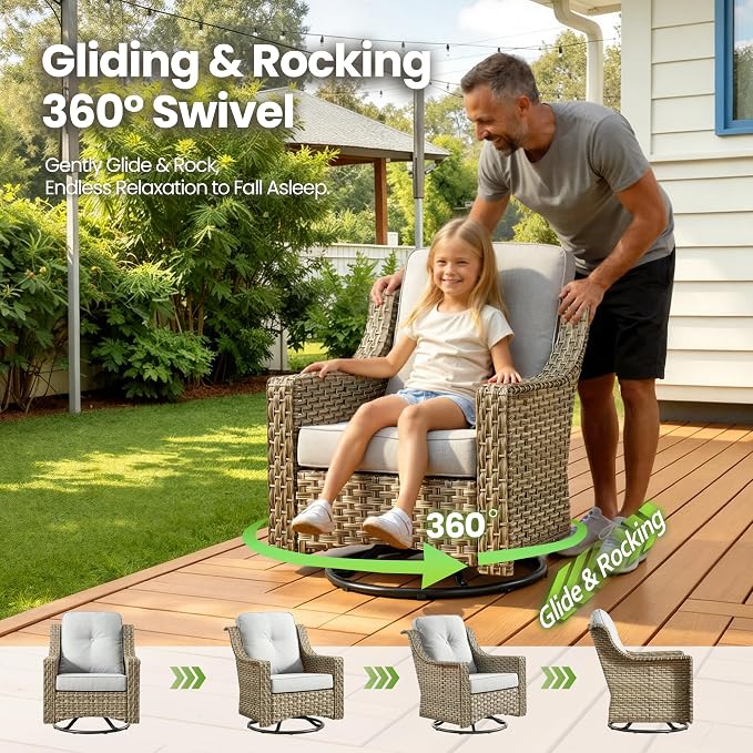 6 Piece Patio Furniture Set with Fire Pit Table, Conversation Sets with High Back Swivel Rocker Chairs, Outdoor Wicker Sofa Loveseat with Comfy Cushion for Backyard Deck Garden, Grey