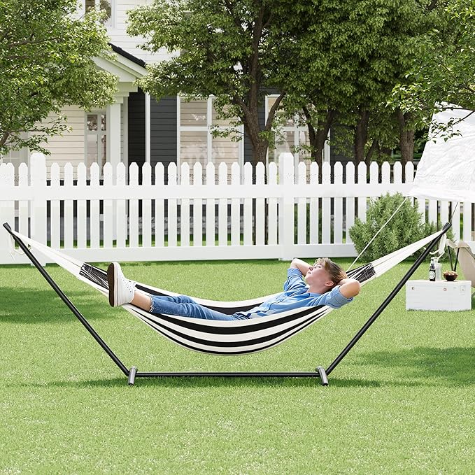 Double Hammock with Stand for Outside - 2 Person Heavy Duty Hammock, Portable Steel Stand for Patio Yard, Easy Assembly, 450 Lbs Capacity